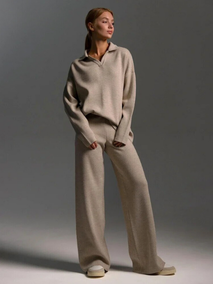 Elegant Knitted Polo Collar Loungewear Set