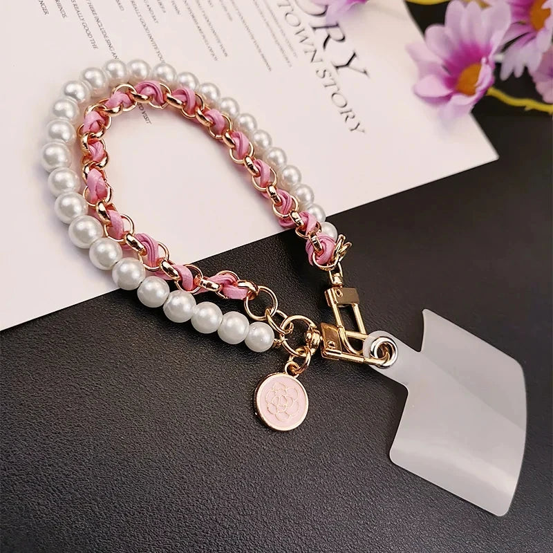 Leather Pearl Camellia Phone Charm Bracelet