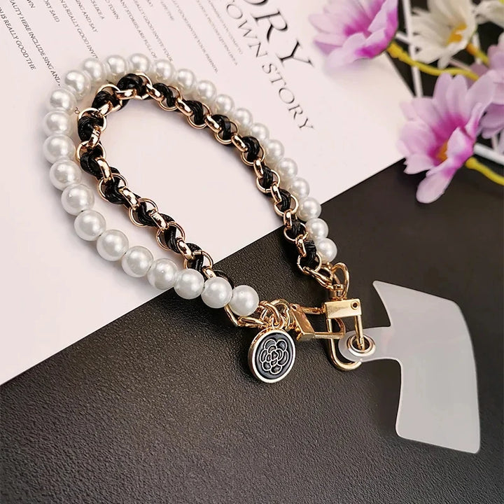 Leather Pearl Camellia Phone Charm Bracelet