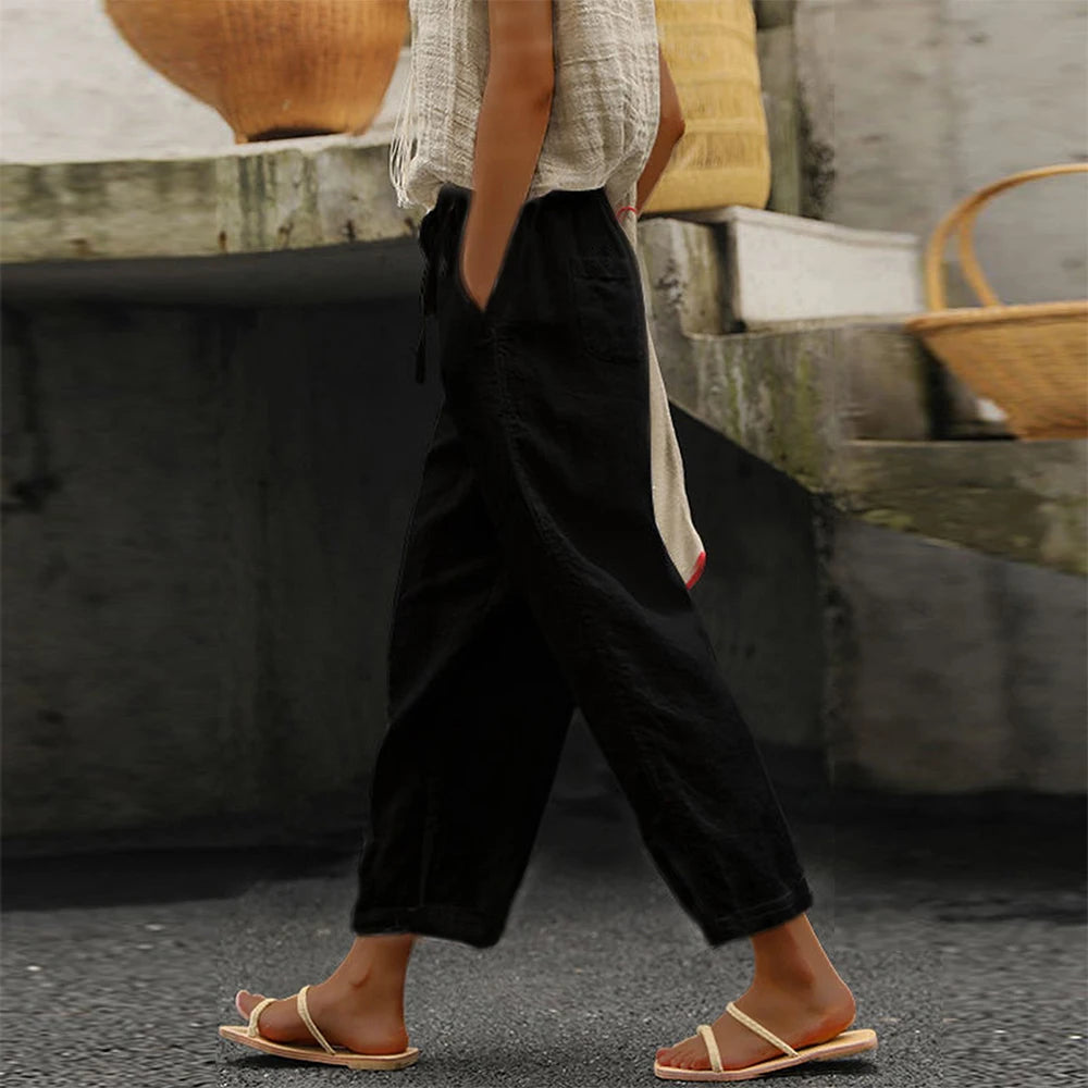 Veyla Women Cotton-Linen Drawstring Trousers